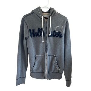 Y2K Hollister Mens Gray Full Zip Hoodie Distressed Graphic Logo CA 22 Size L